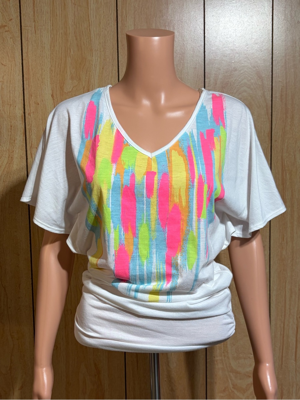 GLO jeans White V-Neck Top with Neon Paint-Stripe Design SZ - S(juniors)